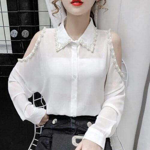 #1953 White Black Off Shoulder Shirts Women Lapel Collar Pearls Sexy Perspective Shirts Female Loose Transparent Shirt Blouse