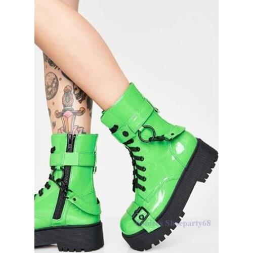 Top Quality New Arrival Neon Green Thick Platform Flats Woman Muller Shoes Lace Up Big Buckle Designer Casual Shoes Ankle Boots