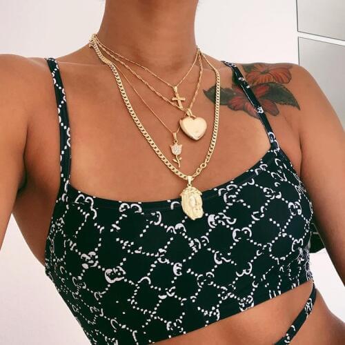 Fashion Multilayer Womens Cross Heart Flower Crystal Pendant Choker Necklace Bohemian Gold Carve Portrait Long Chain Necklace