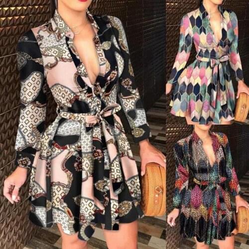 2021 Autumn Winter Long-Sleeved Sexy Dress V-Neck Lace-Up Female Slim Midi Skirt Dashiki Printed Casual Ankara Mini Skirt S-2XL