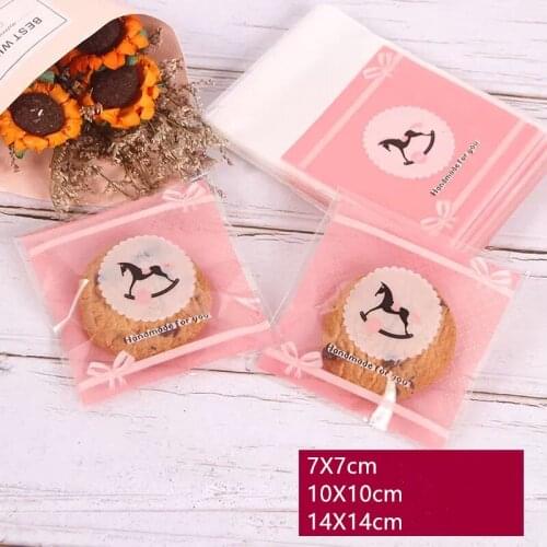 100 pcs/lot Pink Wooden Horse Plastic Bag Candy Cookie Bags Wedding Birthday Party Self-adhesive Plastic Biscuit Packaging Bag