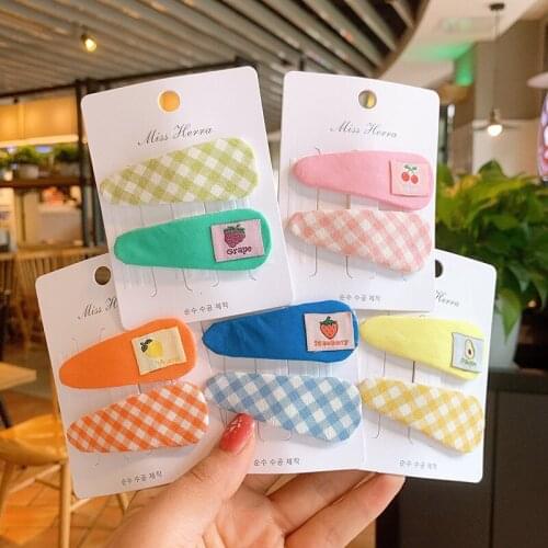 2PCS/SET Fashion girls water drop design bobby hair pin snap clip plaid solid fabric cover hair accessories hair clips