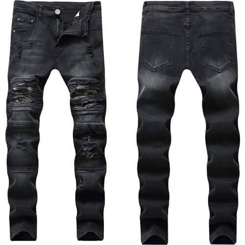 Cavalier ripped denim trousers with zipper pleated straight mens jeans retro trousers Drop Shipping mens jeans plus size