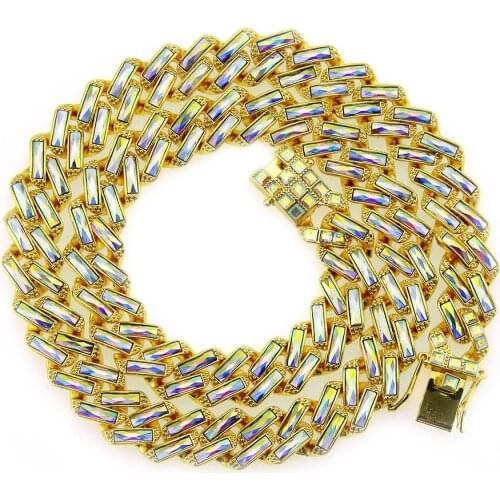 15mm Iced Out Hip hop Rainbow Cuban Link Copper Material Gold Silver Color Chain Necklace for women men