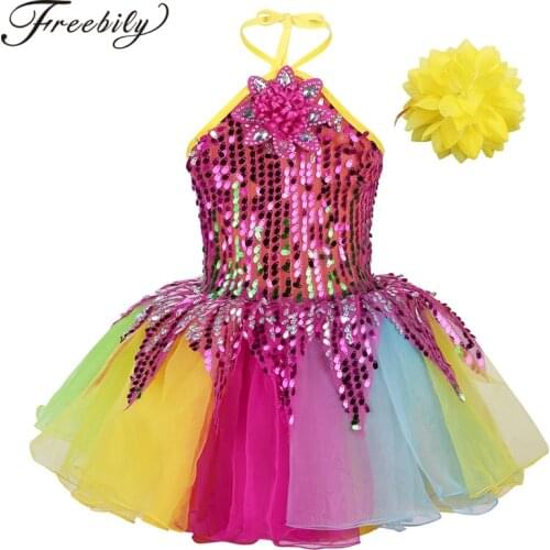 Children Girls Sequins Flower Applique Colorful Ballet Tutu Dress Kids Halter Stage Performance Jazz Dance Costumes Set