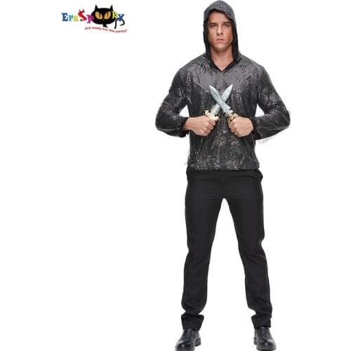 Eraspooky European Mens Medieval Knight Cosplay Gothic Killer Warrior Hoodie Halloween Costume For Adult Carnival Fancy Dress