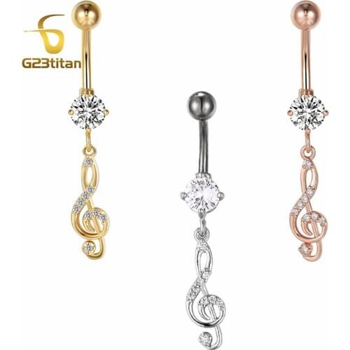 G23titan Sexy Lady Beach Body Chain Musical Note Crystal Pendant Belly Button Ring 16G Titanium Rod Navel Piercing