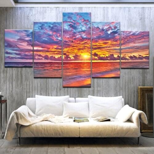 Living Room HD Printed Painting Home Decoration 5 Panel Sunset Glow Tinted The Sky Red Posters Modern Wall Art Pictures Frame