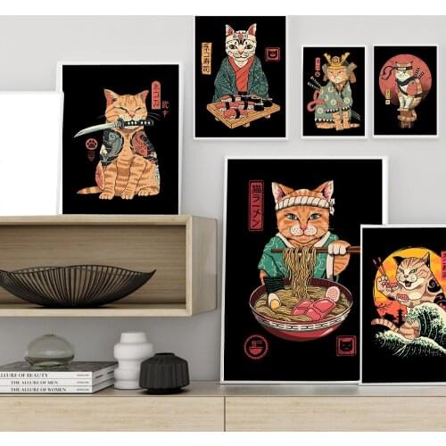 Japanese Samurai Cat Neko Ramen Nostalgia Wave Home Decor Wall Art HD Quality Cartoon Painting Animal Posters Canvas Painting