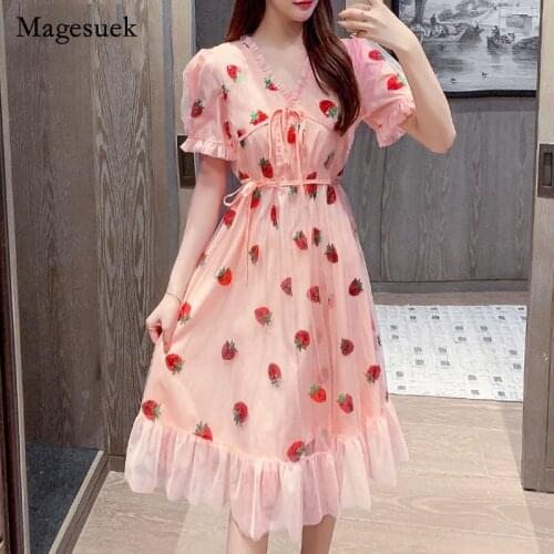 Strawberry Summer Dress 2021 V Neck Elastic Lace-up Print Maxi Long Dress Women Sweet Mesh Party Dress for Women Pink 14511