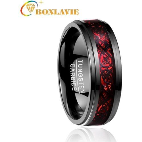New 2018 Wedding Brand Bijoux Mans Jewelry Ring Electroplated Black Inlaid Red Opal Paper Black Dragon Tread Step Tungsten Ring