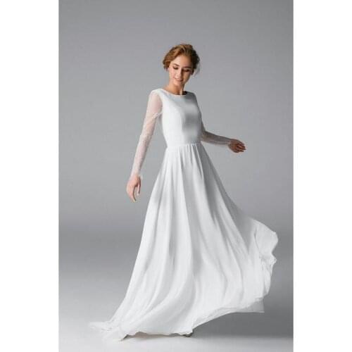 Ivory Lace Chiffon Long Sleeves Floor-Length A-Line Wedding Dresses Custom Made Bridal Gowns