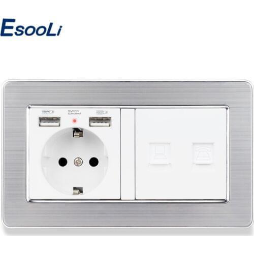 Esooli Stainless Steel Brushed Panel EU Standard Wall Socket with 2 USB + Telephone Connector and RJ45 Internet Jack