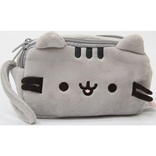Cute Cat Zippered Plush Pencil Case Gray Cat Plush Stuffed Animal Cosmetic Bag Organizer