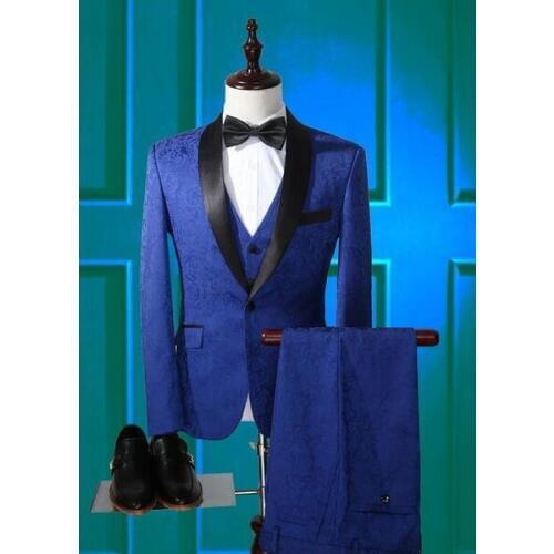 Fashion Men Suits Royal Blue Shawl Collar One Button 3 Pieces Custom Groom Tuxedos Wedding Suit Party Suit (Jacket+Pants+Vest)