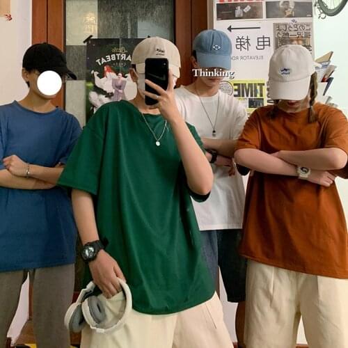 100% Pure Cotton Solid Color Top Short-sleeved T-shirt Mens Shirt Loose Street Oversized T-shirt Five-point Sleeve Half Sleeve