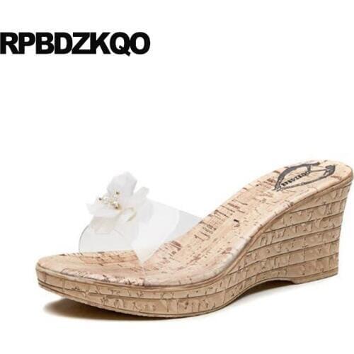 Shoes Women Sandals 2018 Summer Slides Cork Platform Korean Diamond Pumps Wedge Transparent Pvc Rhinestone High Heels Flower