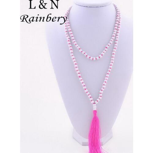 Rainbery Necklaces For Women New Style Boutique Stylish Brown&White Color Wood Beaded& Cotton String Fringe Tassel Long Necklace