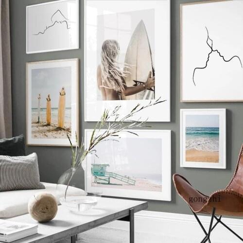 Blue Surfing Beach Nordic Landscape Poster Couple Abstract Line Canvas Painting and Prints Wall Art Girl Room Home Decor Picture