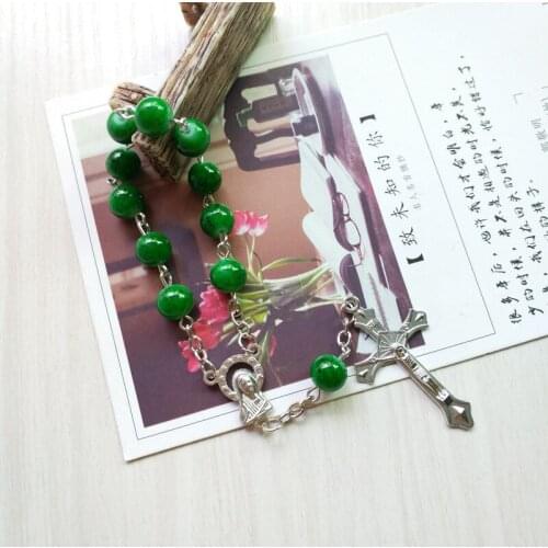 QIGO Green Glass Beads Strand Bracelets Jesus Cross Rosary Religious Pray Jewelry