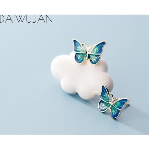 DAIWUJAN Korean Style 925 Sterling Silver Blue Wings Butterfly Stud Earrings Romantic Gold Earrings For Women Lady Fine Jewelry