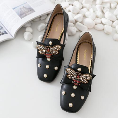 Europe and the United States bow flat shoes 2018 spring new fashion Pearl flat shoes round head shallow womens shoes