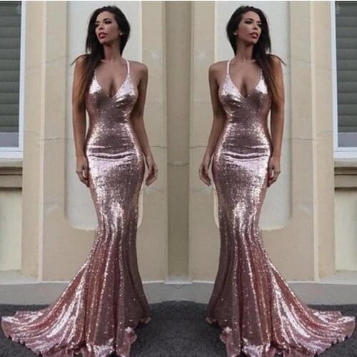 GORGEOUS PINK SEQUINS V-NECK MERMAID SEQUINS PROM PARTY GOWNS