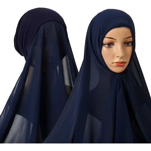 Women Plain Bubble Chiffon Shawl With Jersey Underscarf Modal Cap Islam Inner Scarf Headband Stretch Hijab Cover Headwrap Turban