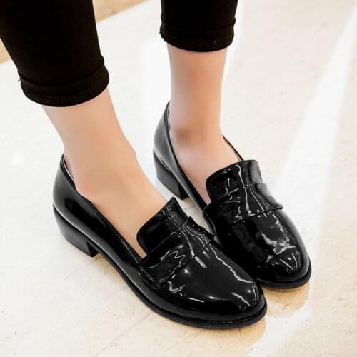 AGODOR 2020 Women Mid Heel Loafers Shoes Ladies Patent Leather Pumps Women Shoes Round Toe Casual Fashion Pumps Size 34-48