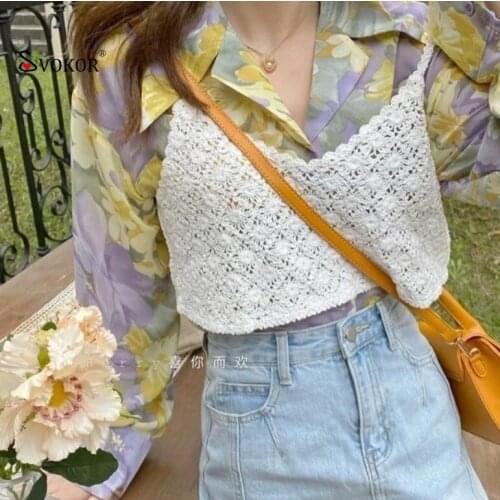 SVOKOR Hollow Tank Top Ultra-Short Knitted Vest Womens Summer Short Sling Sleeveless Wild Vest Crochet Top