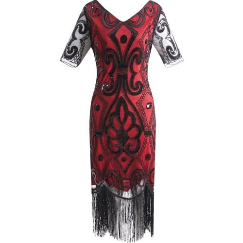 Great Gatsby 1920s Womens Inspired Sequin Beads Long Fringe V Neck Sleeve Art Deco Flapper Dress with Sleeve Plus Size