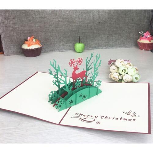 1pcs Christmas Deer Laser Cut 3D Handmade Pop Up Greeting Cards Postcard Kirigami Thanksgiving Day Christmas Birthday Gifts