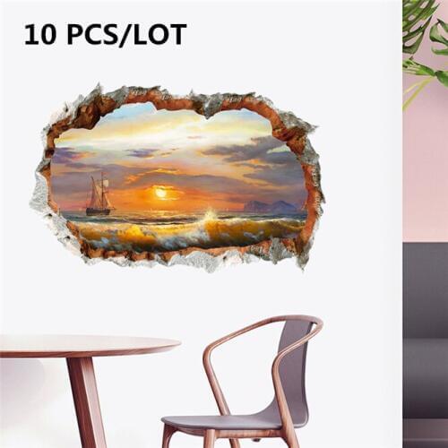 10 PCS/LOT 3D wall sticker broken wall oil painting sail boat surf scenic area living room background TV wall mural decoration