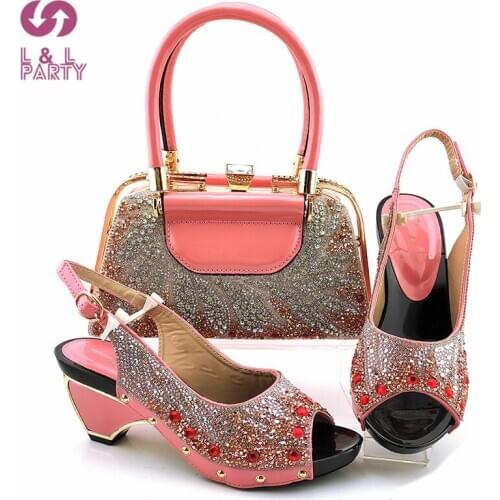 2021 Italian Design New Arrival Fashion Style Elegant Party Women Shoes and Bag Set in Peach Color for Wedding
