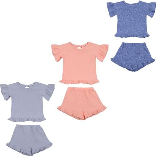 2021 Summer Cute Baby Girls Clothes Sets Ruffles Flying Sleeve T Shirts Tops Shorts 2pcs 0-5Y