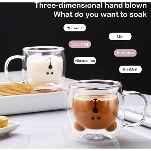 250ML Double-Layer 3D Creative Glass Mug Cute Bear Animal Milk Coffee Cup Heat-Resistant Double Wall Juice Mug for Gift