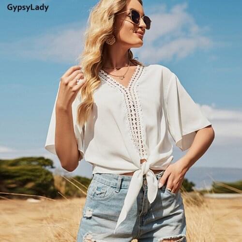 GypsyLady White Sexy Blouse Top Eyelet Hollow Out Summer Blouse Shirt Tie Lace Up V-neck Sheer Women Ladies Chic Top Shirt New