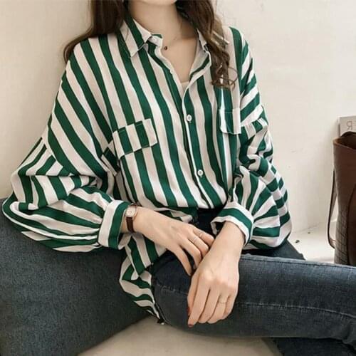 Blouse Women Shirt Womens Chiffon Spring Autumn Clothes Tops Loose Vertical Stripe T-shirt Blusas Mujer De Moda