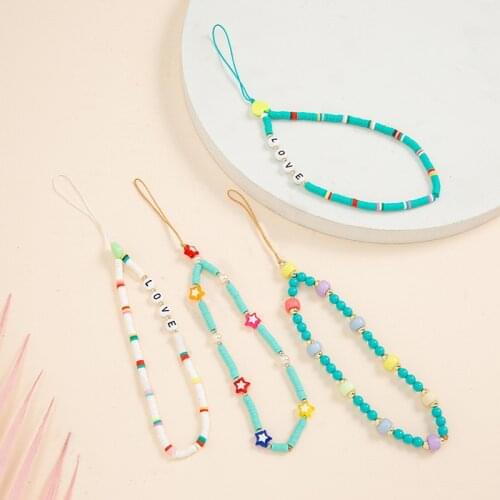 Bohemian Green Polymer Clay Mobile Phone Strap For Women Colorful Star Letter Beads Phone chain belt Boho Jewelry 2020 New Gifts