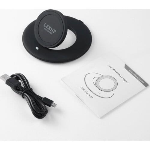 LESHP Black Round Durable Portable Light Weight LED Light Smart Phone Fast Wireless Charger Pad for All Qi-Enabled Devices