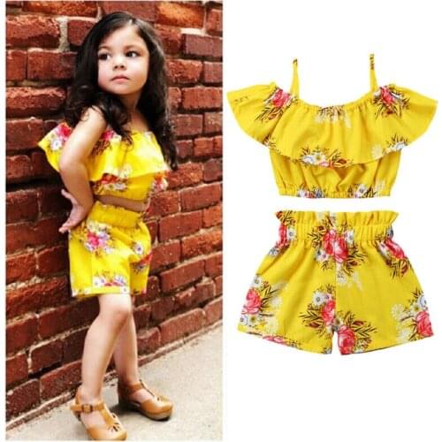 2Pcs Child Kids Littler Baby Girls Clothes Set Ruffles Royal Yellow Floral Straps Tops and Shorts Outfits Toddler Clothing