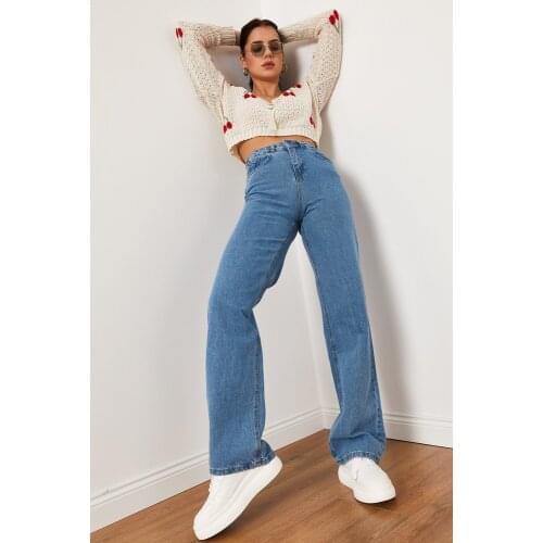 Women pants jeans high waist jeans wide leg Wide Leg Mom Friend Jean Blue Denim clothing blue jeans Vintage quality fashion stra