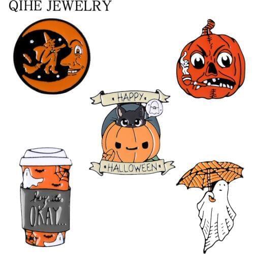 Halloween pins collection Holiday Pin Umbrella Ghost Coffee Cup Wizard Moon Pumpkin Badges Brooches for women men Punk Jewelry