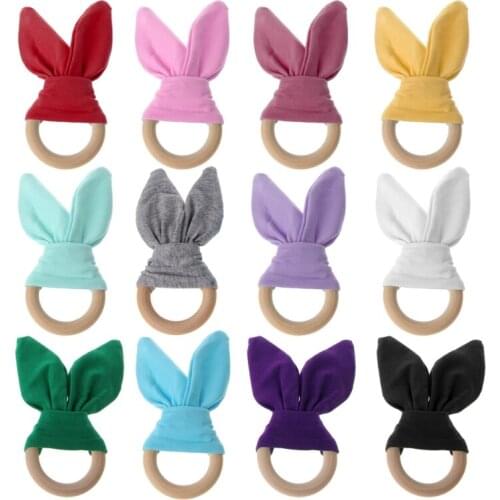 Bunny Ear Teether Fabric Wooden Teething Ring With Crinkle Material Shower Gift