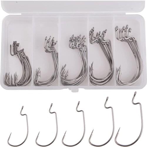 50pcs Strong Fishing Worm Hooks Offset Worm Hooks High Carbon Steel Wide Gap Bass Hooks Soft Worm Bait Jig Fish Hooks
