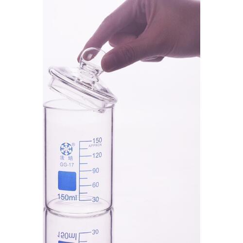 Beaker in low form without spout,Capacity 150ml,Outer diameter=60mm,Thickness=2.8mm,Height=87mm,Laboratory beaker