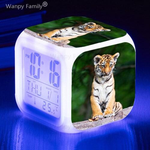 Roaring Tiger Alarm Clock 7 Color glowing LED Digital Clock Large Screen Multifunctional flash Clock Birthday Gifts for Children