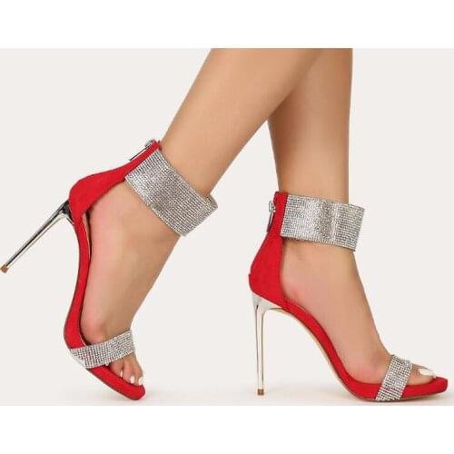 Moraima Snc Rhinestone Open Toe Ankle Cuff Stiletto Heels Summer Red Suede Thin heels Shoes Woman Super High Dress Sandal