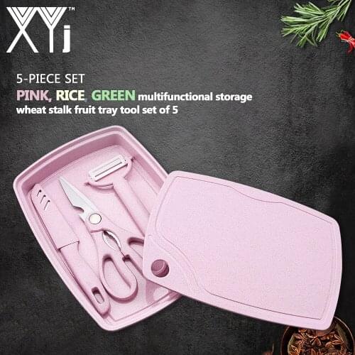 XYj 5Pcs BBQ Camping Stainless Steel Knives Set Tool Scissor Peeler Chef Knife Cutting Board Pink Green Rice Washing Storage Box