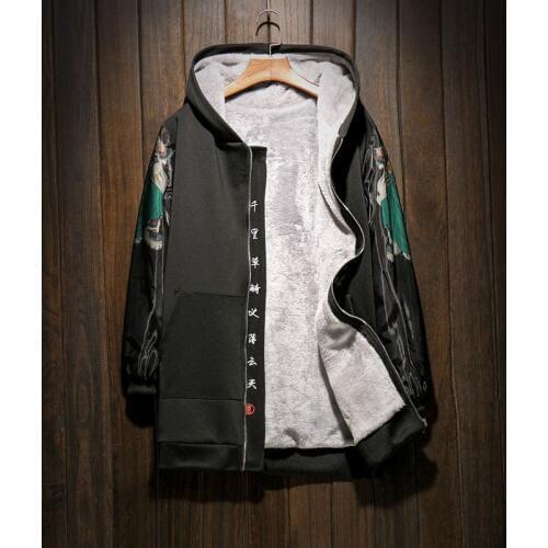 New Chinese Style Hero Print Autumn Winter Jacket Men Long Thick Warm Casual Windbreaker Fleece Hooded Parka Men